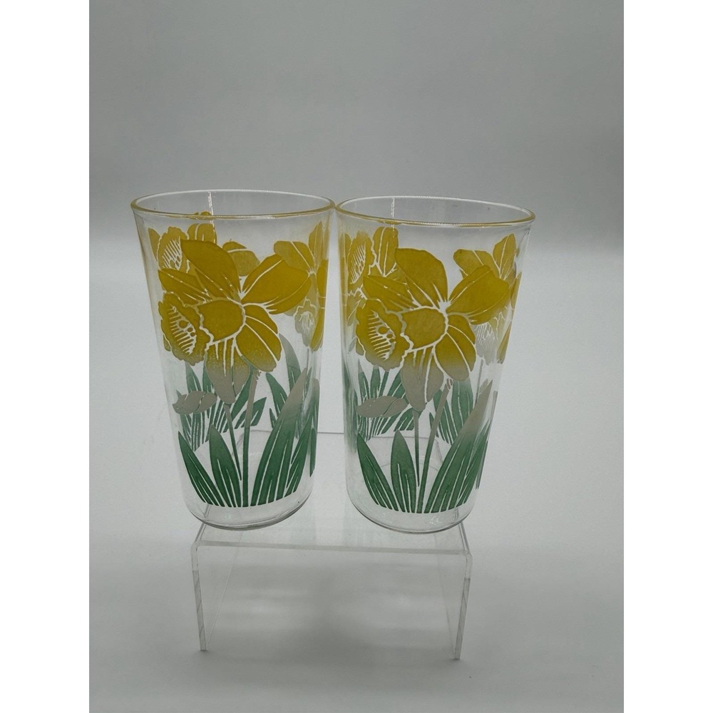 Vintage Yellow Daffodil Floral Drinking Glasses Set of 2 Retro MCM 5" Juice